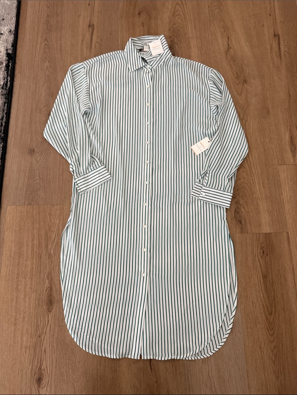 Forever 21 White Button-Down Shirt Dress with Green Stripes